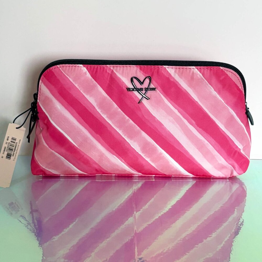 New Victoria's Secret Signature Stripes Beauty Bag Pink Travel Make up Pouch